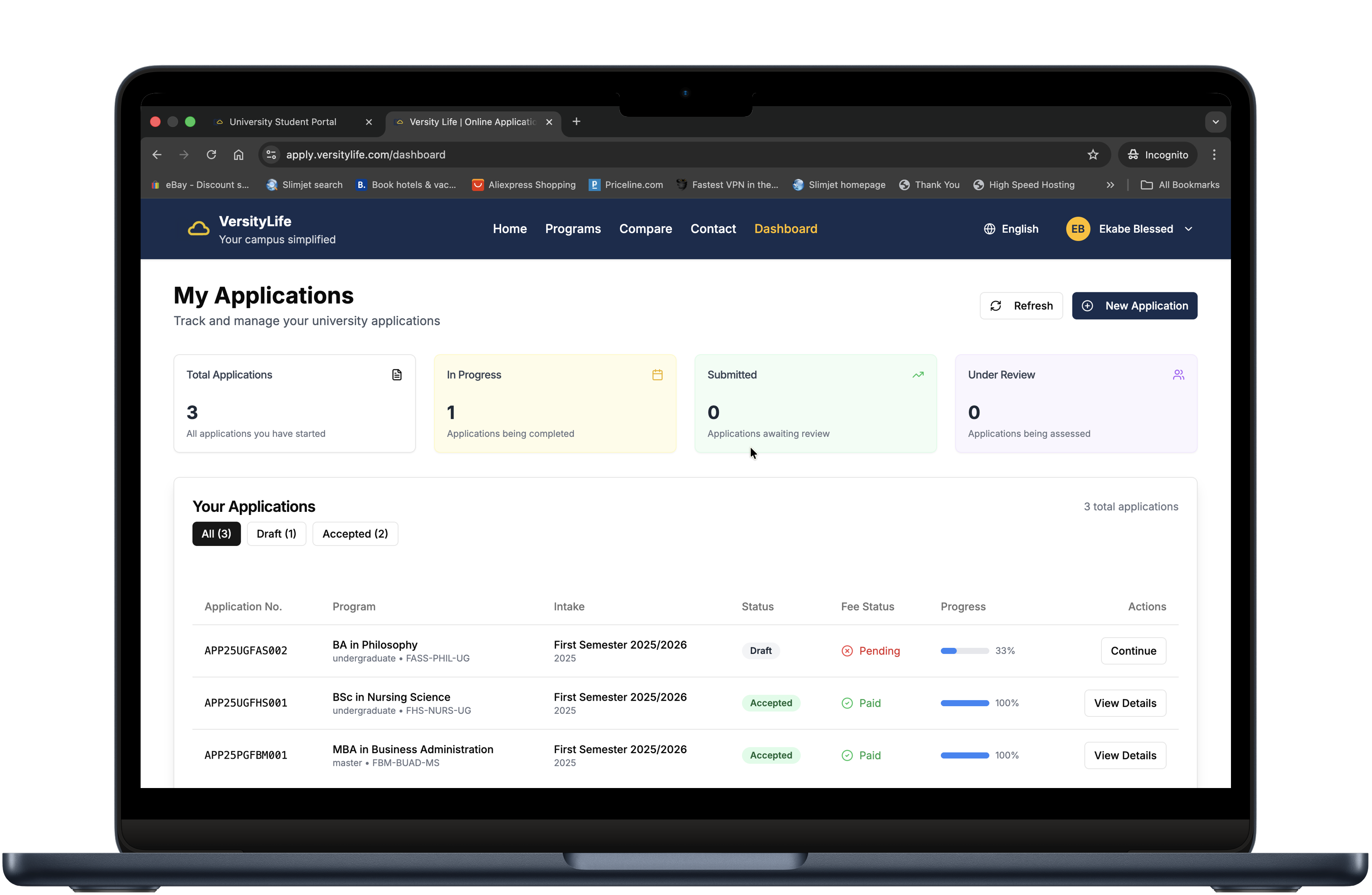 VersityLife Applicant Portal - Track university applications, view status, and manage submissions