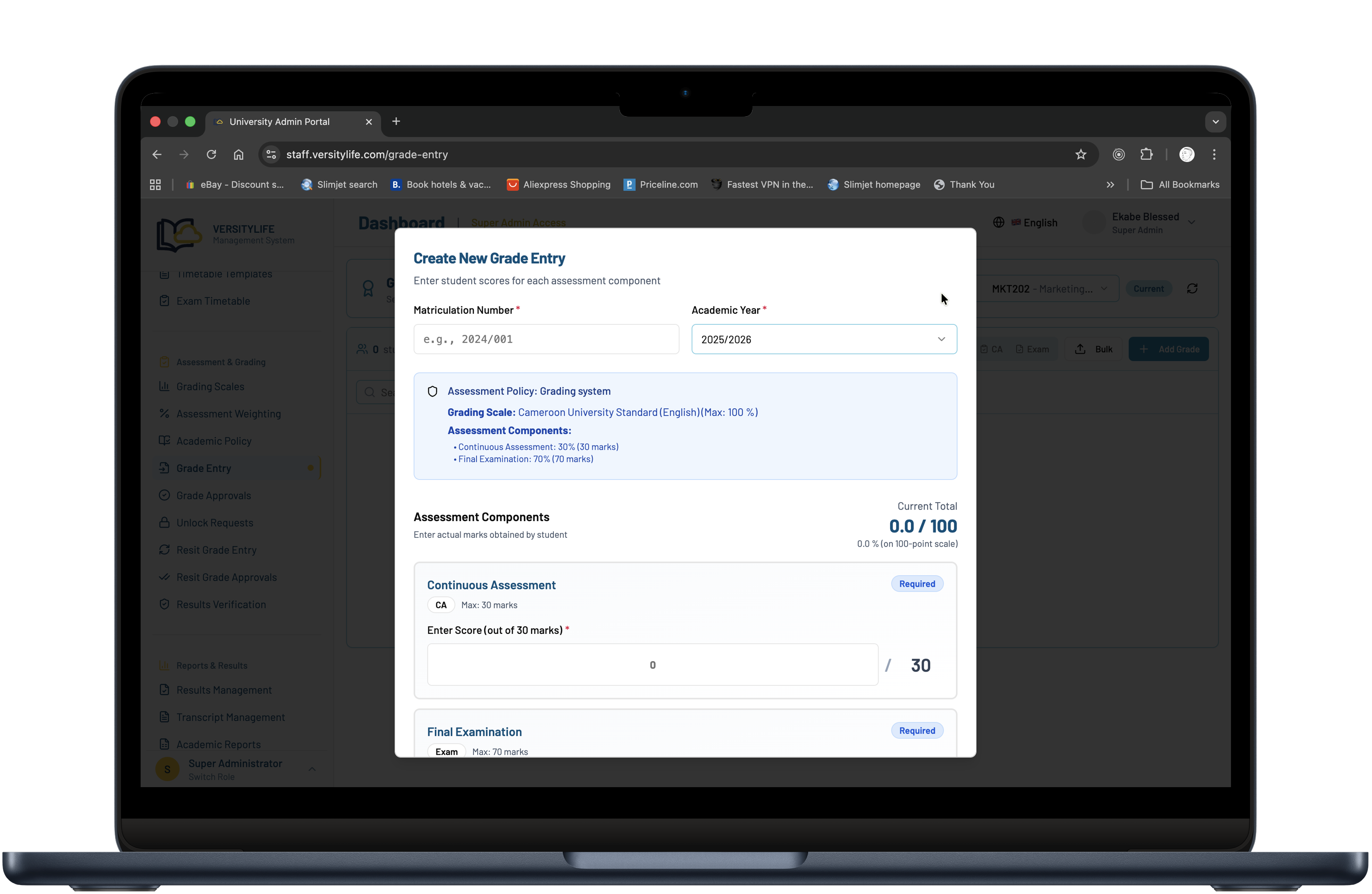 VersityLife Grading System - Admin grade entry modal for entering and managing student grades