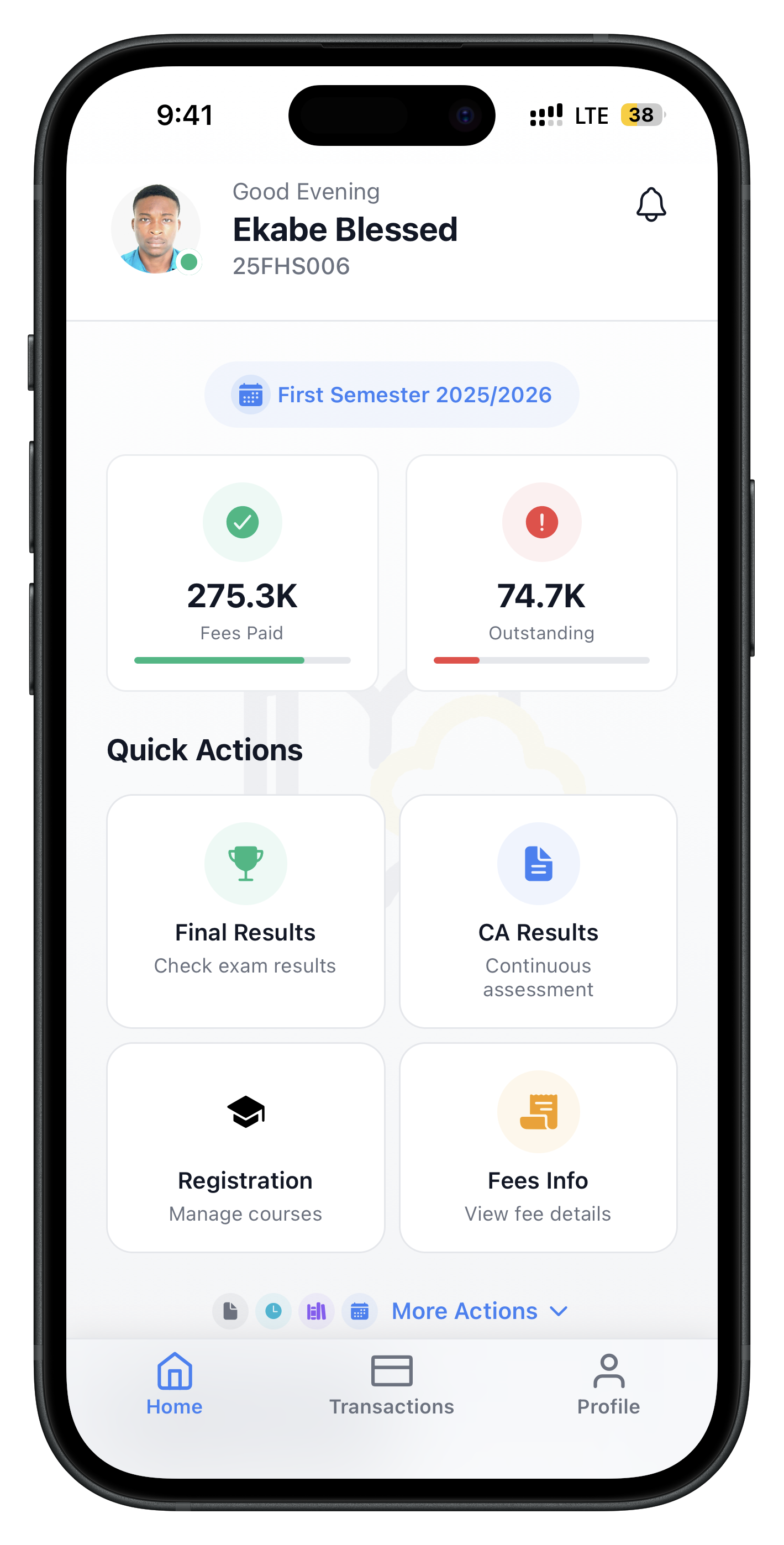 VersityLife Student Mobile App - Home screen showing fees paid, outstanding balance, and quick actions