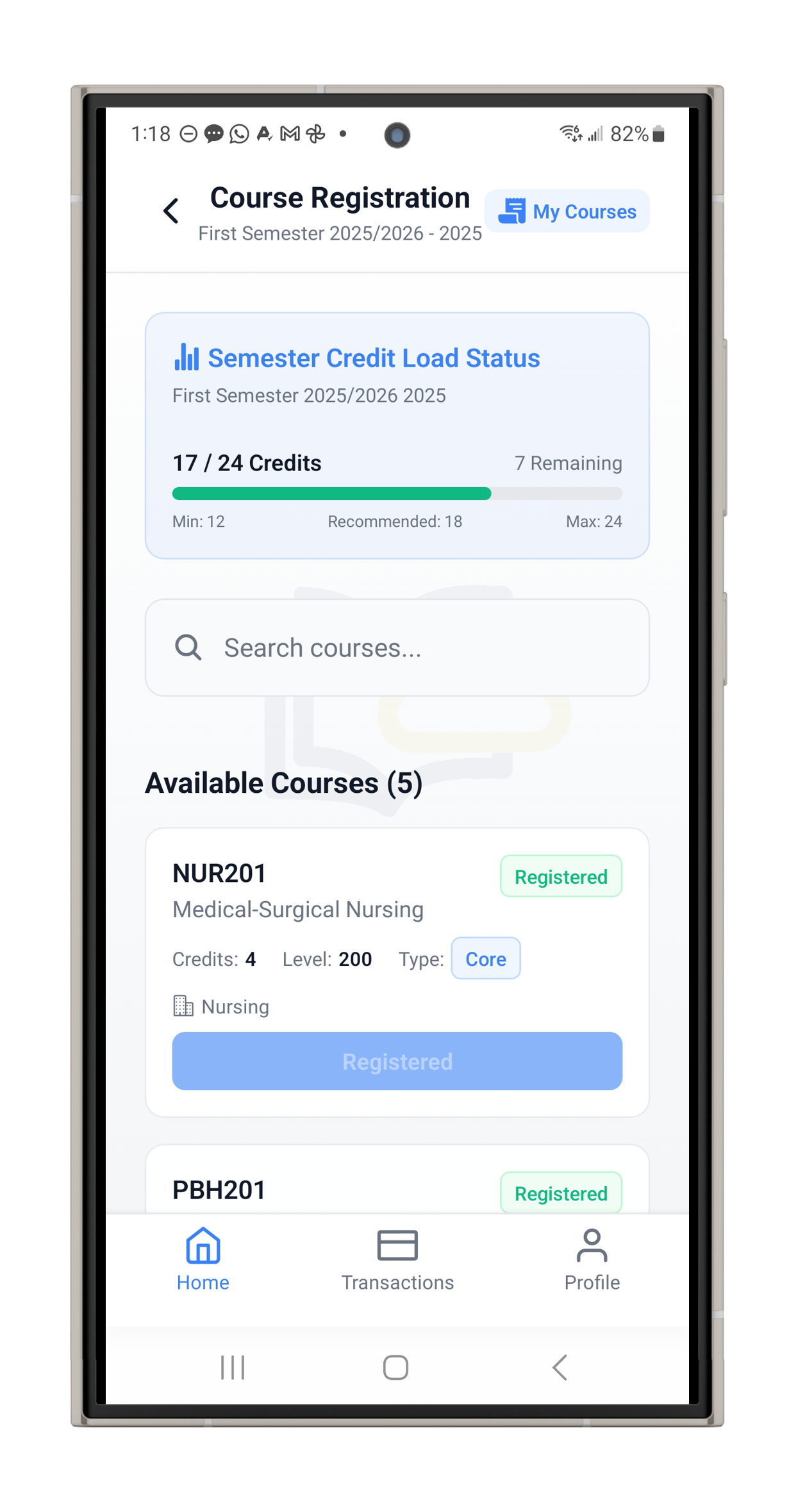 VersityLife Student App - Course registration screen