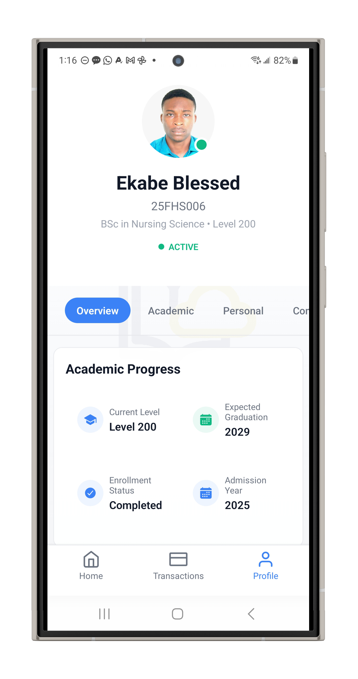 VersityLife Student App - Profile showing academic progress
