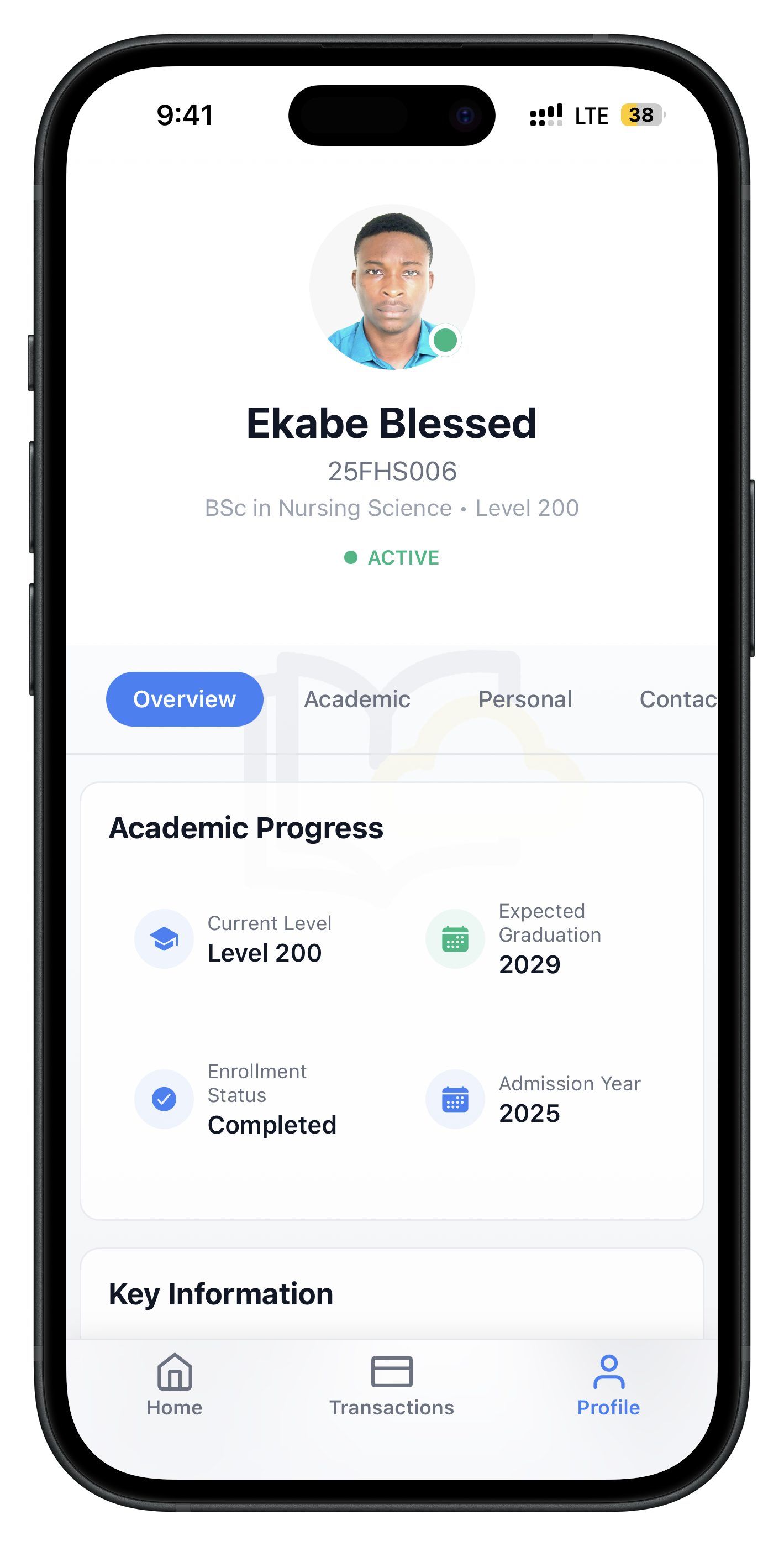 VersityLife Student Mobile App - Profile screen showing academic progress and student information