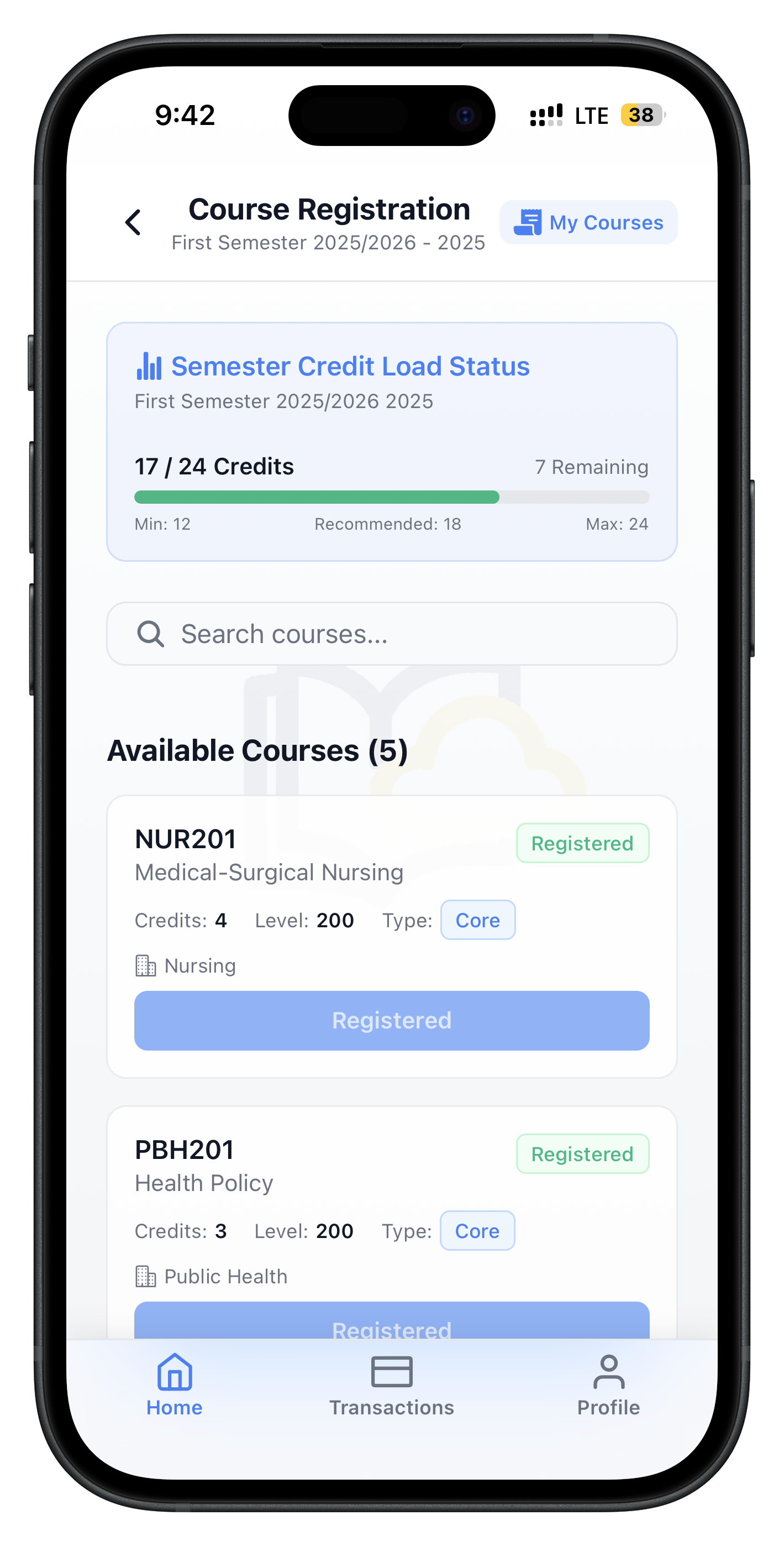 VersityLife Student Mobile App - Course registration screen showing credit load and available courses