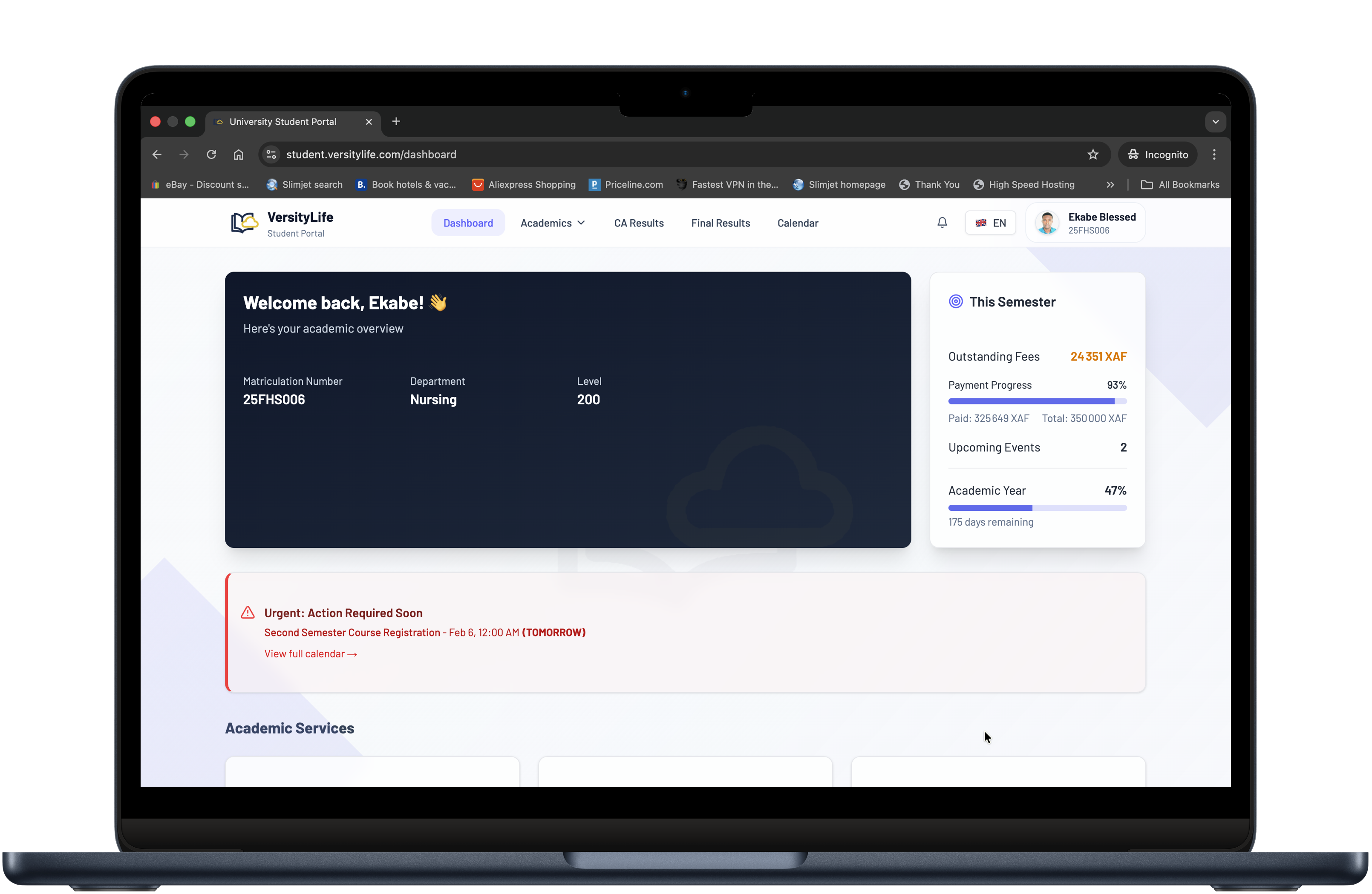 VersityLife Student Portal - Dashboard showing grades, courses, and academic progress